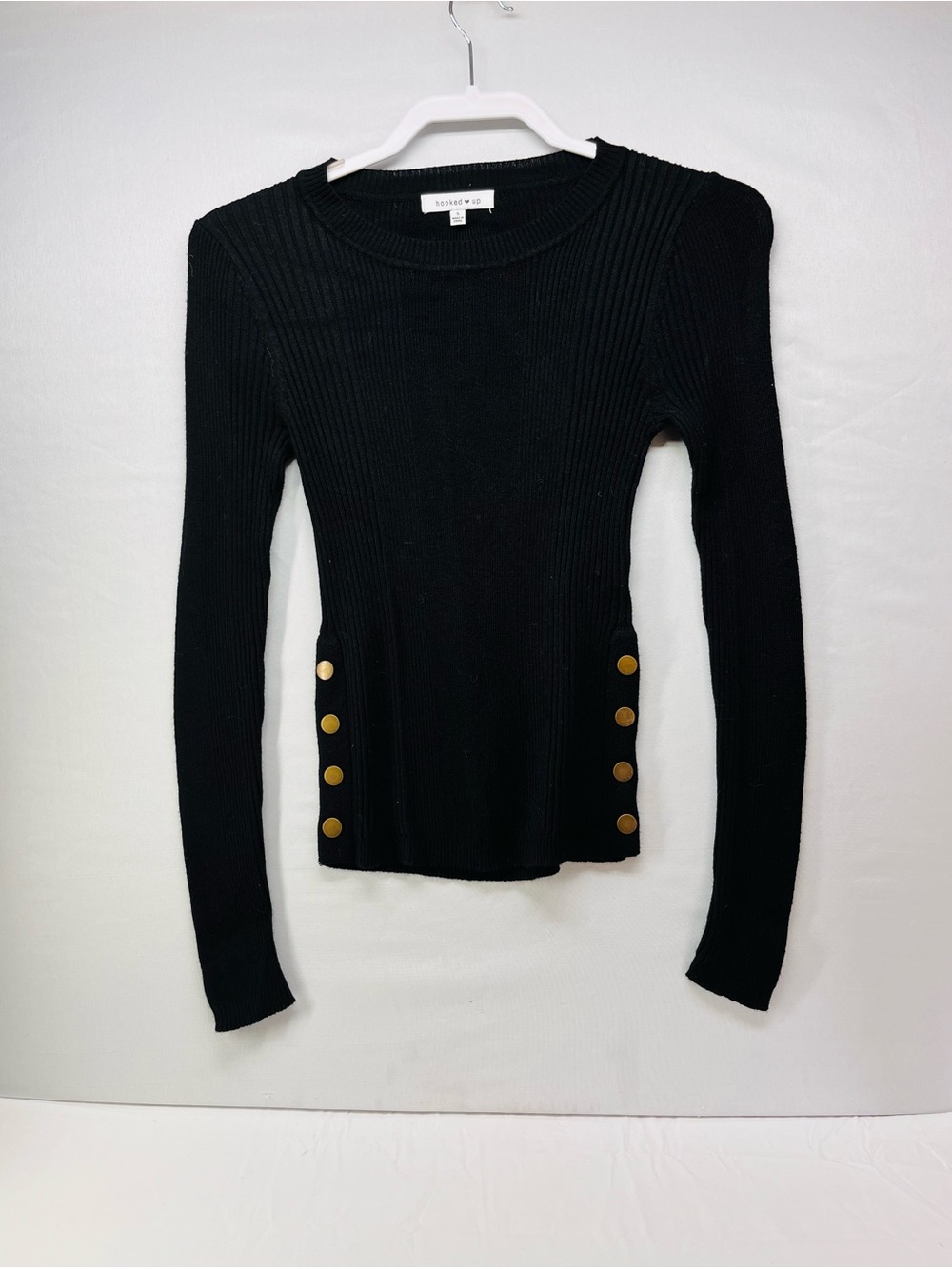 Hooked Up by IOT Black Ribbed Long-Sleeve Top with Gold Buttons